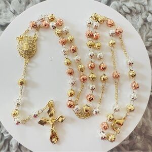 Elegant 14K Gold Plated tricolor Rosary with Guadalupe Necklace. New